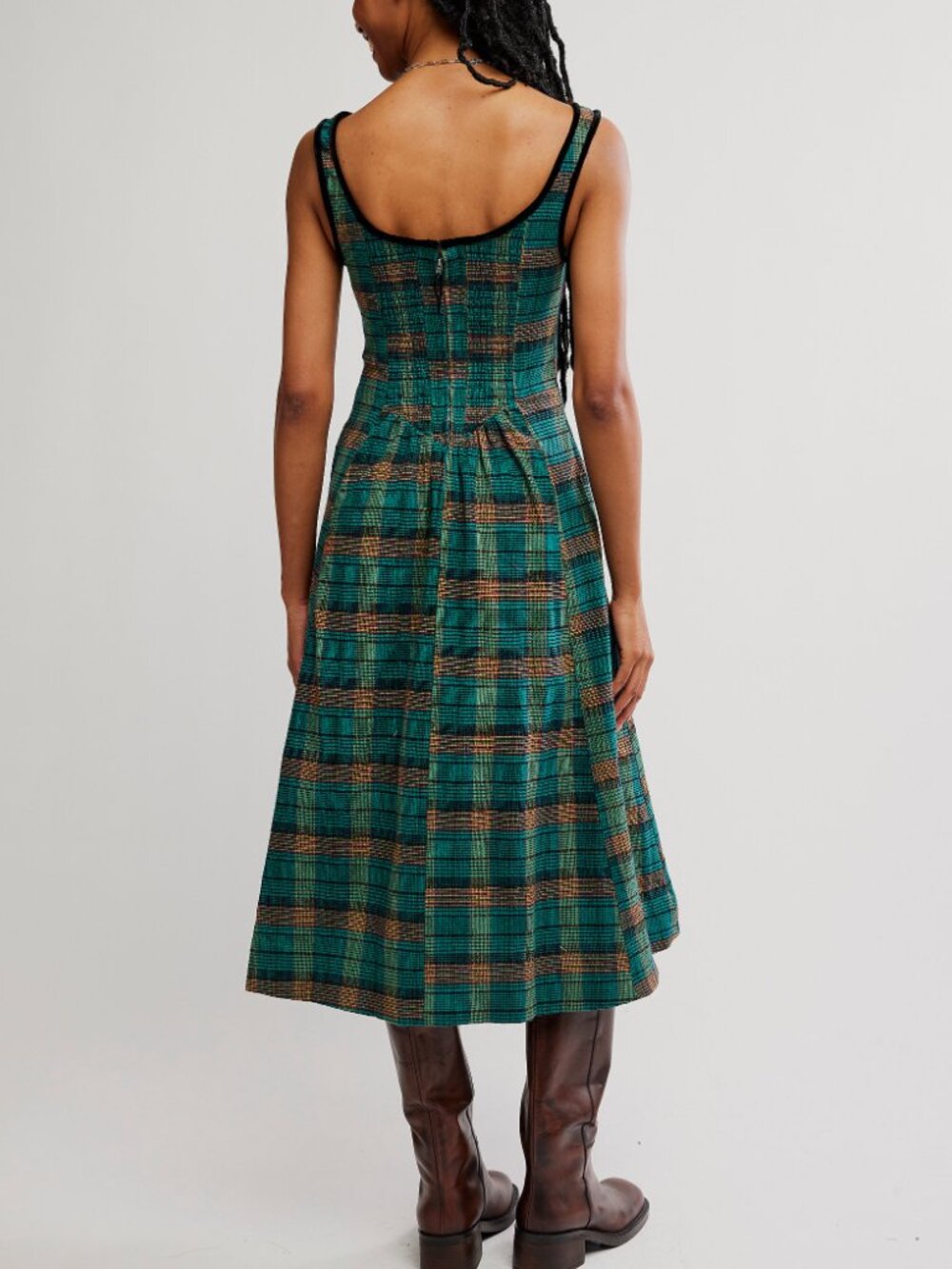 Free People Teal Green Plaid Midi Dress with Black Bow - Picture 3 of 5
